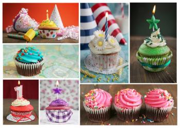 Collage showing delicious cupcakes with candles, blower and candies