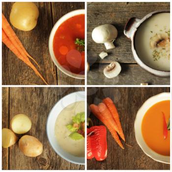 Different variety of soup and veggies on wooden background. Tomato, potato, mushroom and vegetables