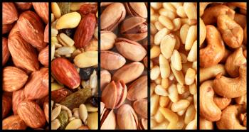 Collage showing different kind of fresh nuts like almond, pistachio, cashew and peanuts