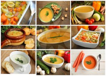 Collage showing different kind of soup like vegetables, carrot, onion