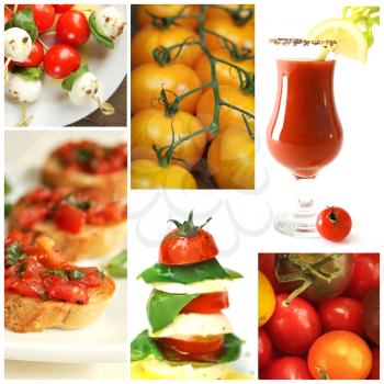 Collage of tomatoes showing caprese, bruschetta and tomato juice