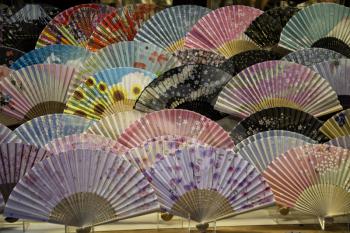Colourful and traditional fans as a display in Kyoto, Japan