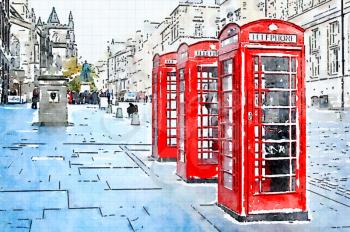Digital watercolor of Three red booths on a row in the street  