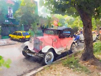 Digital watercolor of pink classic american old car in Havana in Cuba