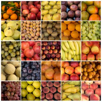 Collage of fruits like orange, pear, mango, kiwi, grape and apples