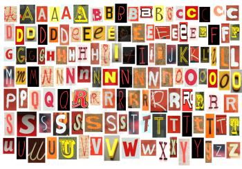 Newspaper alphabet cut out in red, orange, yellow and black isolated on white