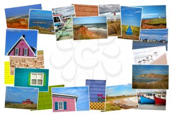 Collage from fabulous location of Magdalen island in Canada on white background with copy space in the middle 