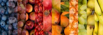 Collage of fruits of different colors.  Rainbow colors.
